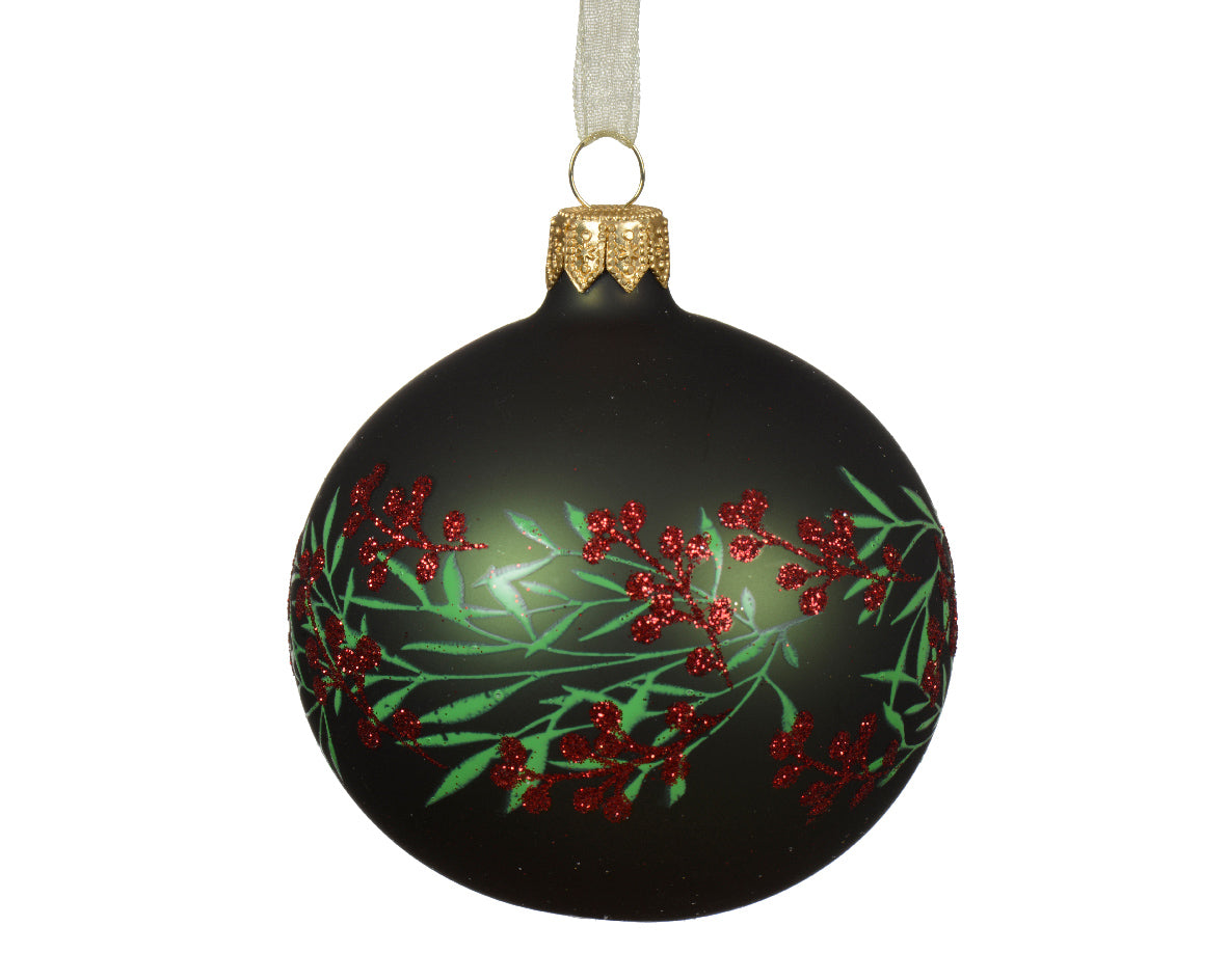 Pallina natale di vetro, nero, 8cm con alloro e bacche Kaemingk Pallina natale di vetro, nero, 8cm con alloro e bacche Kaemingk